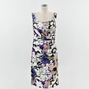 Suzi Chin Floral Pleated Sleeveless Dress Sz 14 Garden Party Ruched Square Neck